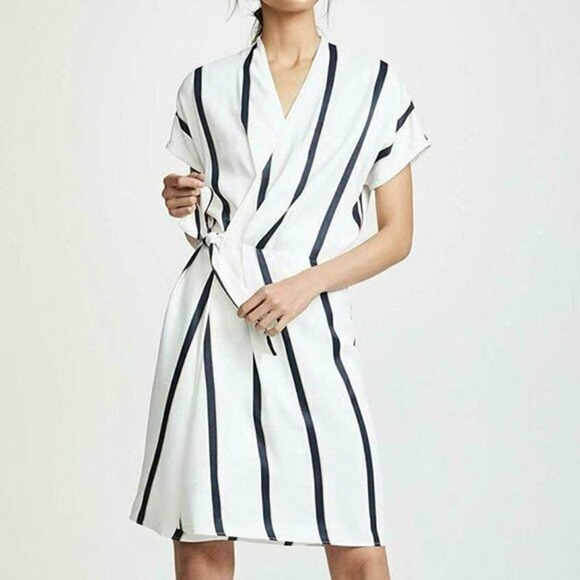 Equipment Femme Leonce Striped Black and.White Classic Wrap Dress - Picture 1 of 3